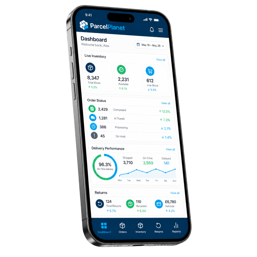 Mobile app mockup showing live inventory levels, order status, delivery performance and returns data on a smartphone