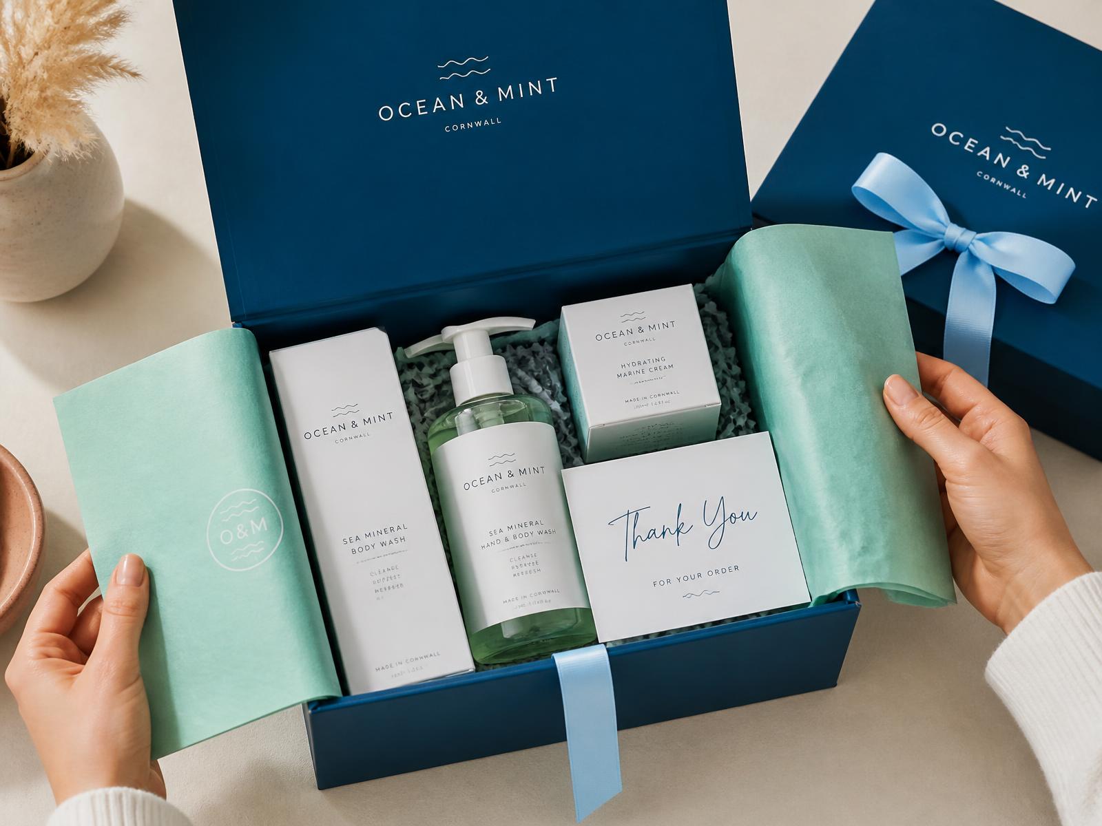 Hands opening a premium branded parcel revealing tissue paper, products and a thank-you card